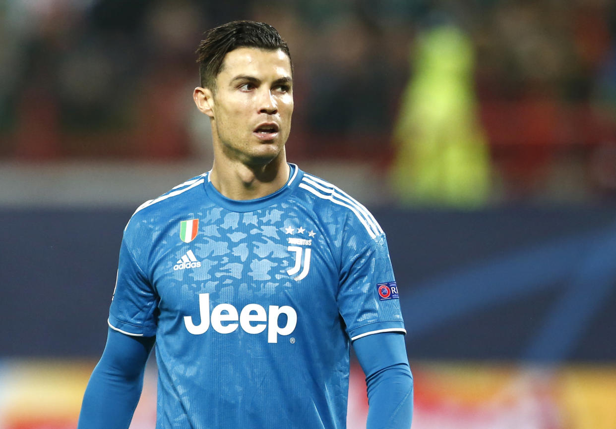 Juventus' Cristiano Ronaldo during the Champions League Group D soccer match between Lokomotiv Moscow and Juventus at the Lokomotiv Stadium in Moscow, Russia, Wednesday, Nov. 6, 2019. (AP Photo/Alexander Zemlianichenko)