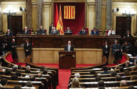 Catalan regional deputy Jordi Turull delivers his speech during his investiture session as new Catalan President at regional parliament in Barcelona, Spain, March 22, 2018.