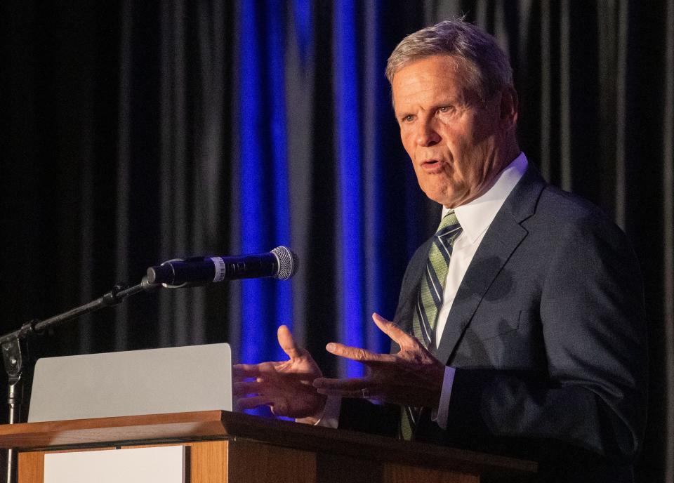 Tennessee Gov. Bill Lee speaks at the 2022 MMBC Continuum Economic Development Forum on Wednesday, Aug. 24, 2022, at the Renasant Convention Center in Memphis.