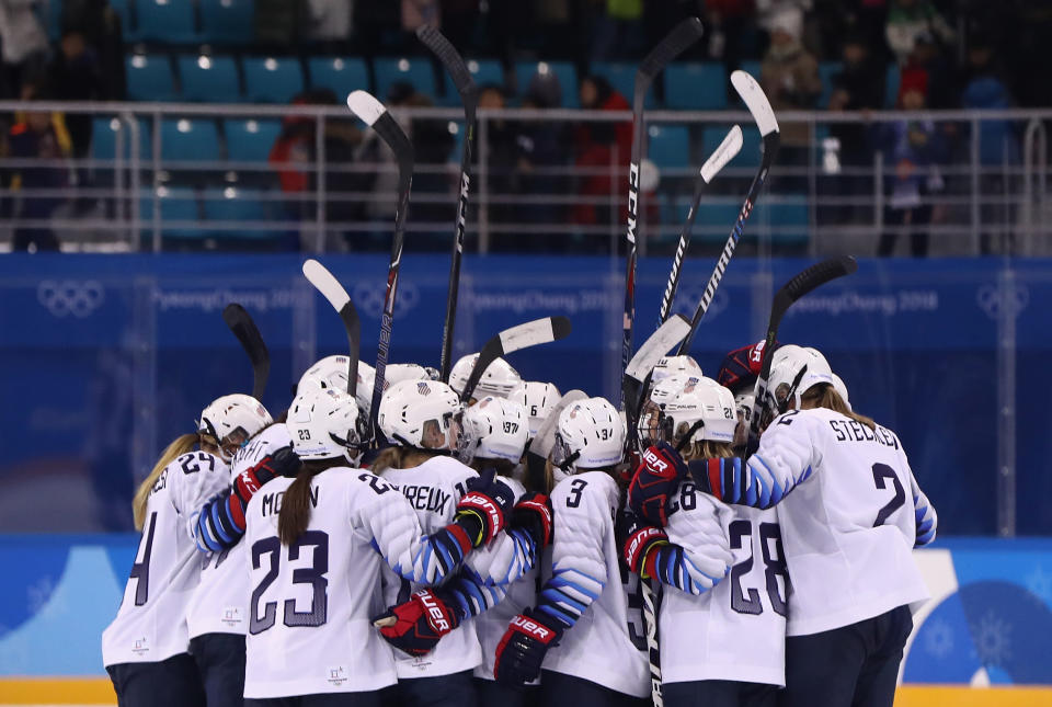 <p>Team United States celebrates defeating Team Finland 3-1 in the Women’s Ice Hockey Preliminary Round – Group A game on day two of the PyeongChang 2018 Winter Olympic Games at Kwandong Hockey Centre on February 11, 2018 in Gangneung, South Korea. (Photo by Ronald Martinez/Getty Images) </p>