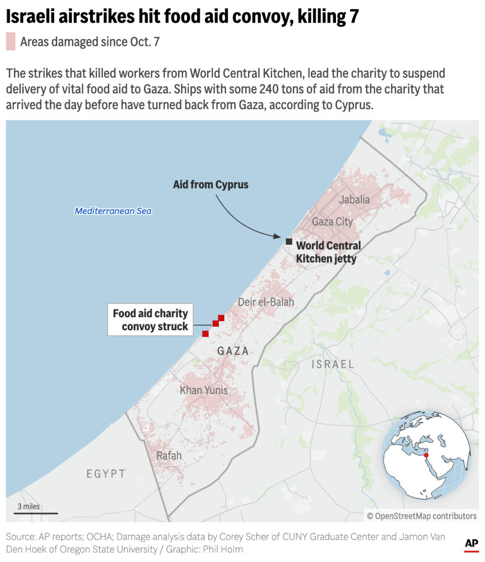 The map above locates the Israeli airstrikes that struck a food aid convoy in Gaza which killed 7 aid workers. (AP Digital Embed)