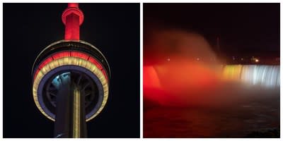 To help get Canadians into the McHappy Day spirit, two of Canada&#x002019;s most notable landmarks, Niagara Falls and the CN Tower were lit up with McDonald&#x002019;s red and yellow to commemorate the day! (JGazze) (CNW Group/McDonald&#39;s Canada)