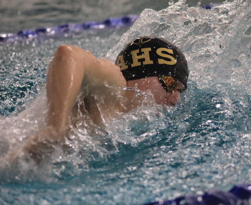 Arlington's Jacob Cerrato competing in the 500 meter freestyle during Tuesday's meet versus Wappingers on January 24, 2023.