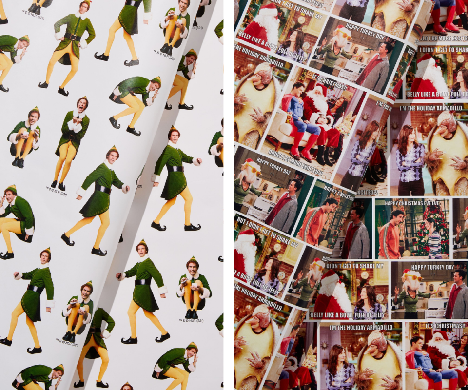 On the left, wrapping paper with Will Ferrell's character, Elf and on the right, Christmas-themed scenes from Friends on wrapping paper.