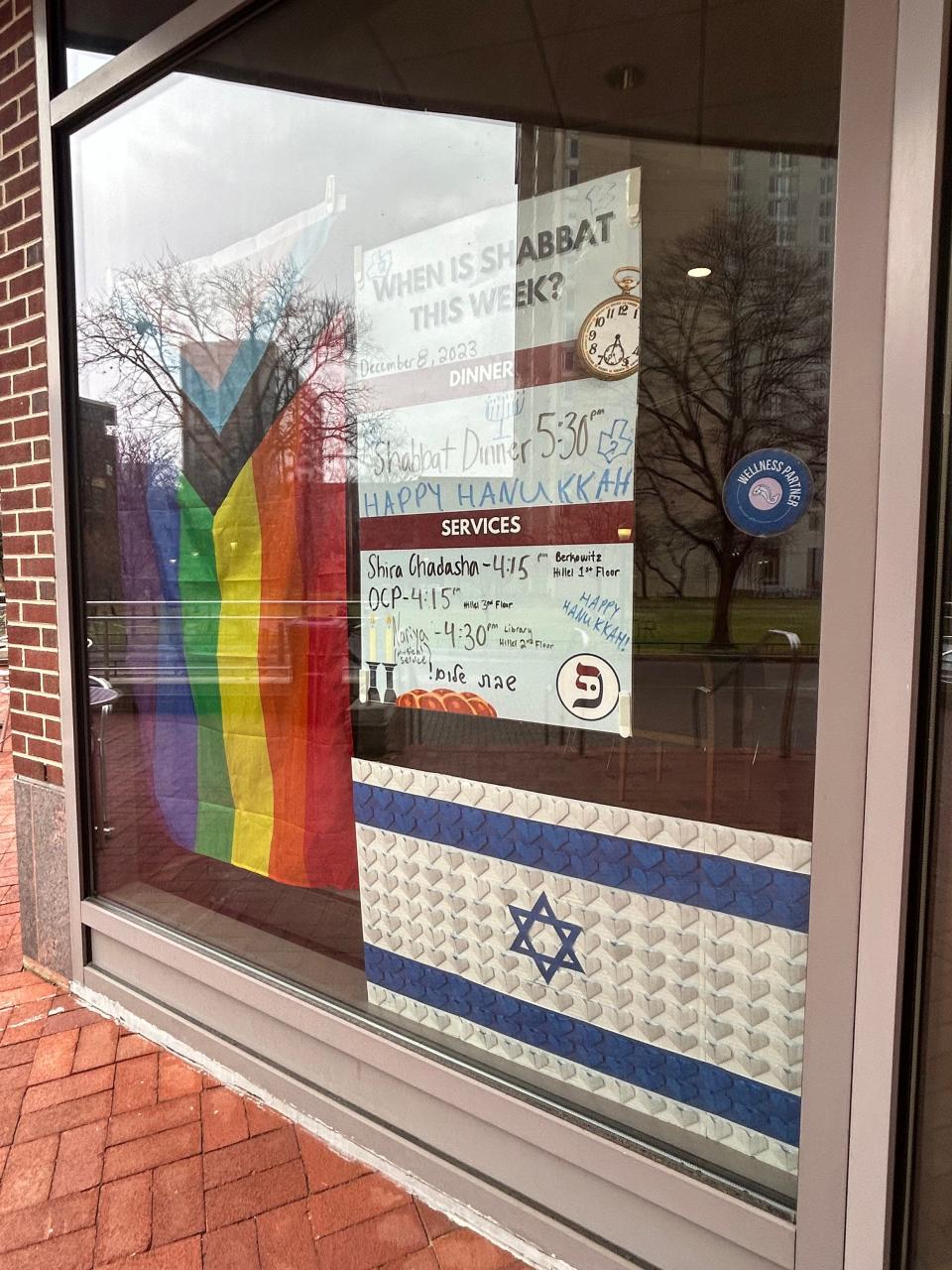 At bottom right, an Israeli flag made with dozens of small cardboard hearts. A Georgia middle school teacher is facing criminal charges after he allegedly threatened to behead a 13-year-old Muslim student who claimed an Israeli flag hanging in his classroom offended her on Dec. 8, 2023.