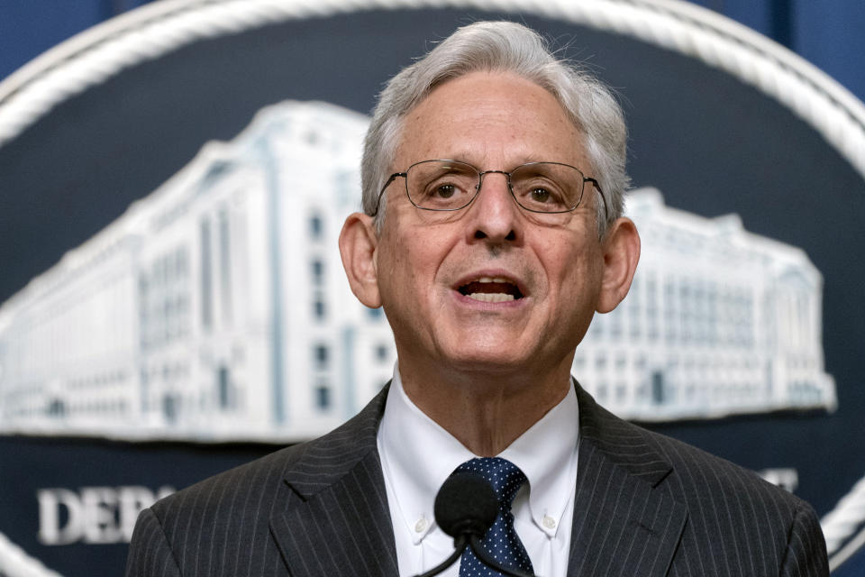FILE - Attorney General Merrick Garland speaks during a news conference at the Department of Justice, June 13, 2022 in Washington. The Justice Department says a Russian operative has been charged with using political groups in the United States to advance pro-Russia propaganda. Aleksandr Viktorovich Ionov is charged in federal court in Florida with conspiring to have U.S. citizens act as illegal agents of the Russian government. (AP Photo/Jacquelyn Martin, File)