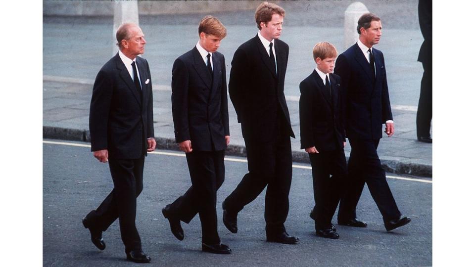 Charles with the royals at Princess Diana's funeral