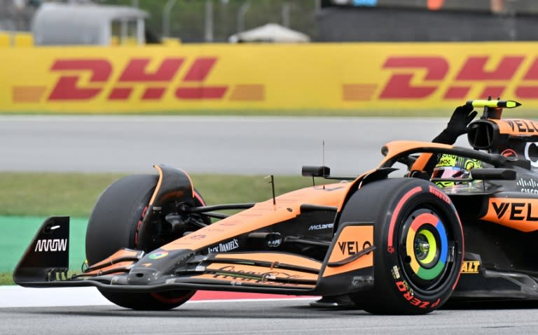 McLaren's Lando Norris celebrates pole in Spain (Manaure Quintero)