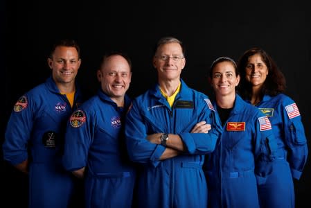 Boeing astronaut Chris Ferguson poses for a picture with NASA commercial crew astronauts Sunita Williams and Josh Cassada and his Star Liner crew astronauts Nicole Mann and Mike Fincke at the Johnson Space Center in Houston