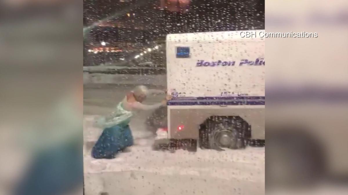 Elsa Pushes Boston Police Vehicle Out Of Snow 