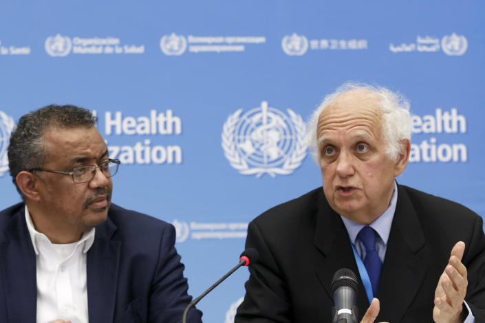 Director General of the World Health Organization, WHO, Tedros Adhanom Ghebreyesus, left, and Professor Didier Houssin, the Chair of the Emergency Committee hold a press conference after an Emergency Committee meeting on what scientists have identified as a new coronavirus, at the World Health Organization (WHO) headquarters in Geneva, Switzerland, Wednesday, Jan. 22, 2020. Health authorities are closely watching an outbreak of respiratory illness caused by a new virus from China. Governments are stepping up surveillance of airline passengers from central China and taking other steps to try to control the outbreak. (Salvatore Di Nolfi/Keystone via AP)