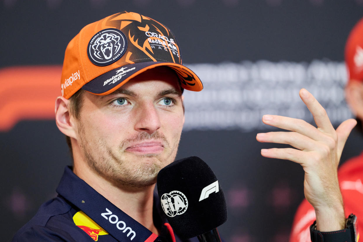 Red Bull's Dutch driver Max Verstappen reacts during a press conference on the Red Bull Ring race track in Spielberg, Austria, on June 27, 2024, ahead of the Formula One Austrian Grand Prix. (Photo by MAX SLOVENCIK / APA / AFP) / Austria OUT (Photo by MAX SLOVENCIK/APA/AFP via Getty Images)