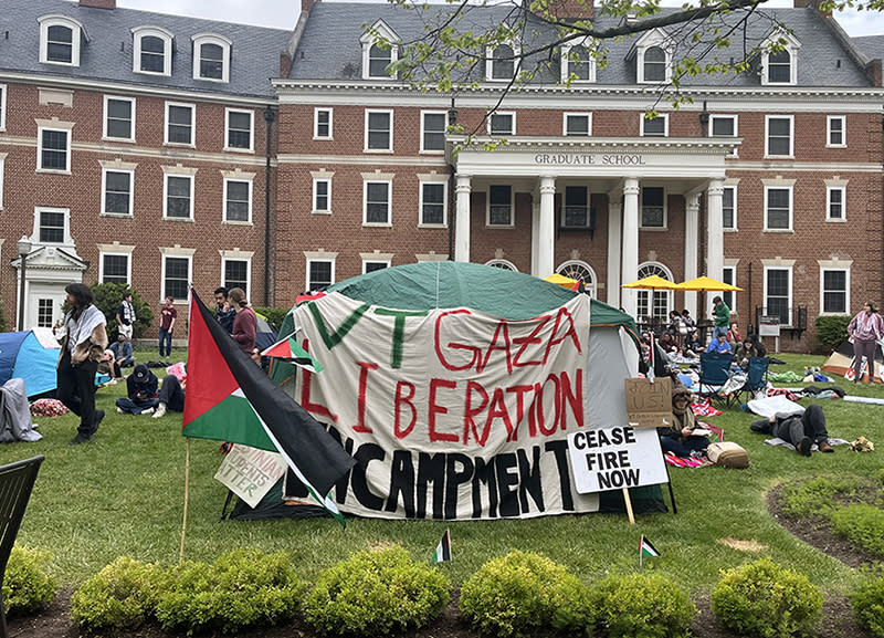 Early morning on Friday, April 26, a group of protestors was reported to have gathered with signs and tents on the campus of Virginia Tech.