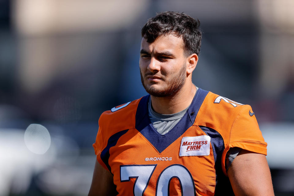 Aug 5, 2022; Englewood, CO, USA; Denver Broncos tackle Sebastian Gutierrez (70) during training camp at the UCHealth Training Center. Mandatory Credit: Isaiah J. Downing-USA TODAY Sports