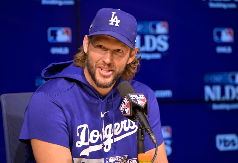 Los Angeles Dodgers starting pitcher Clayton Kershaw (22) speaks during a news conference at the NLDS workouts at Dodgers Stadium.