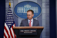 White House chief of staff Mick Mulvaney announces that the G7 will be held at Trump National Doral, Thursday, Oct. 17, 2019, in Washington. (AP Photo/Evan Vucci)