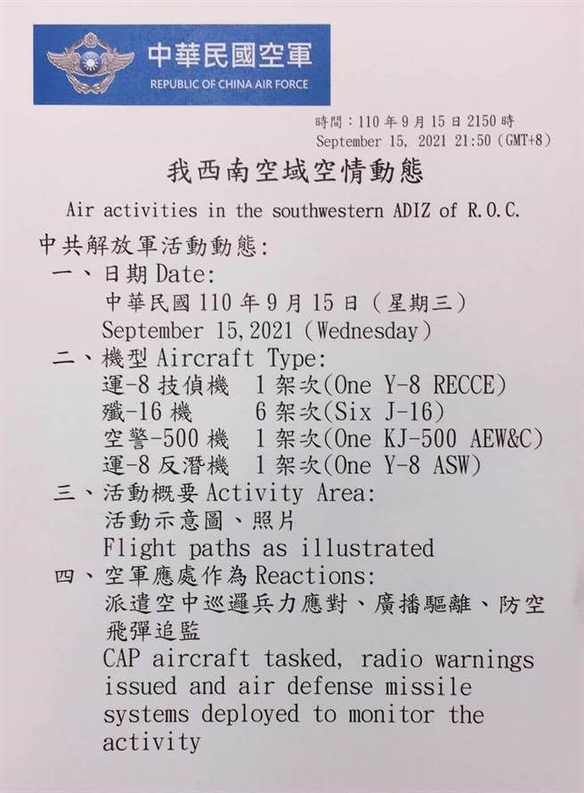 共機進我西南空域示意圖。空軍提供