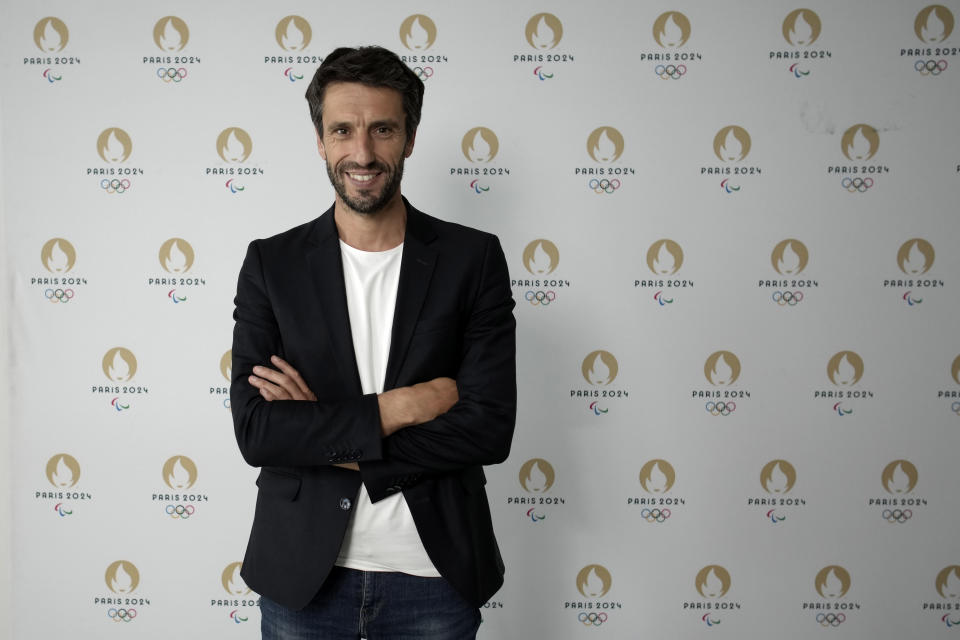 Paris 2024 Olympics Organizing Committee President Tony Estanguet poses for a photo during an interview with the Associated Press at the headquarters of Paris 2024 in Saint-Denis, outside Paris, France, Tuesday, June 27, 2023. (AP Photo/Christophe Ena)