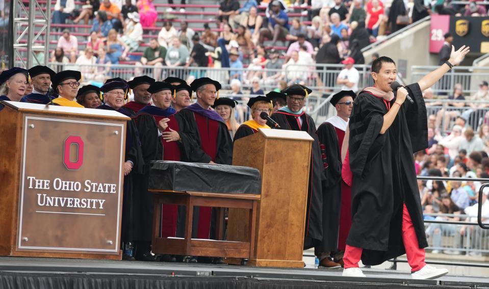 May 5, 2024; Columbus, Ohio, USA; Commencement speaker Chris Pan rallies the crowd during his speech during the Ohio State Spring 2024 Commencement held Sunday, May 5, 2024 in Ohio Stadium.