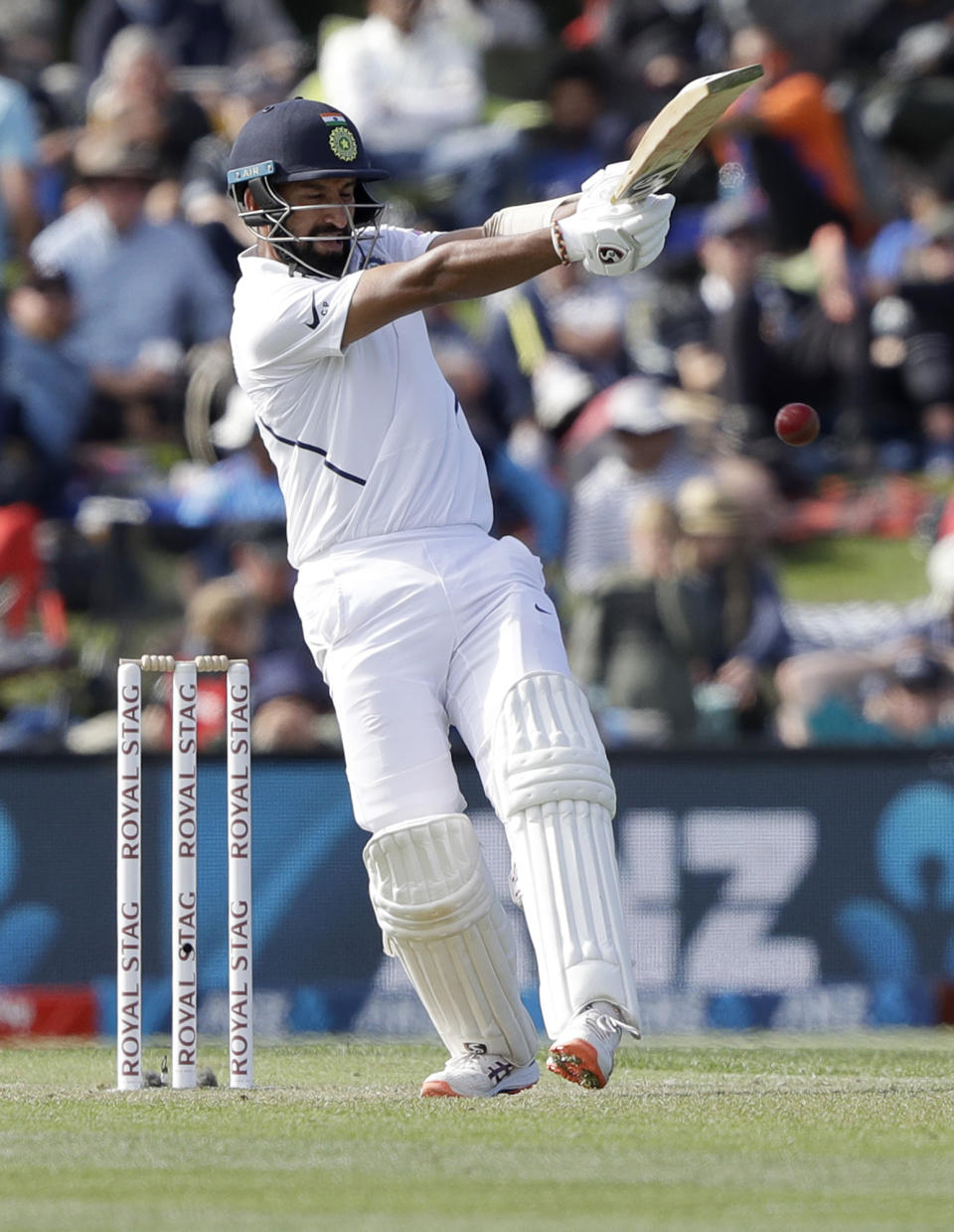 India's Cheteshwar Pujara bats during play on day one of the second cricket test between New Zealand and India at Hagley Oval in Christchurch, New Zealand, Saturday, Feb. 29, 2020. (AP Photo/Mark Baker)