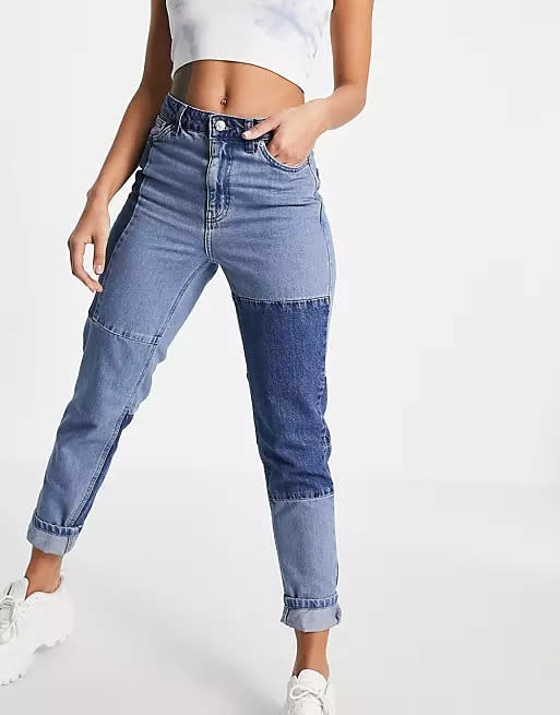 Topshop patchwork mom jean in mid blue