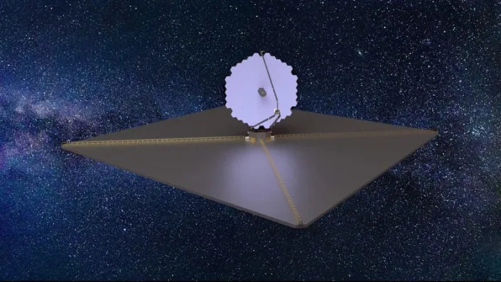 An artist's conception  of LUVOIR, a 15-meter scope    that was an aboriginal  NASA conception  for a aboriginal   abstraction  telescope.