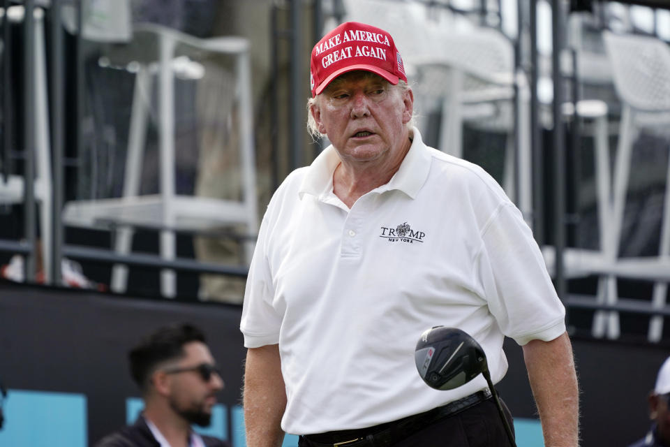 Former President Donald Trump plays in the pro-am round of the Bedminster Invitational LIV Golf tournament in Bedminster, NJ., Thursday, July 28, 2022. (AP Photo/Seth Wenig)