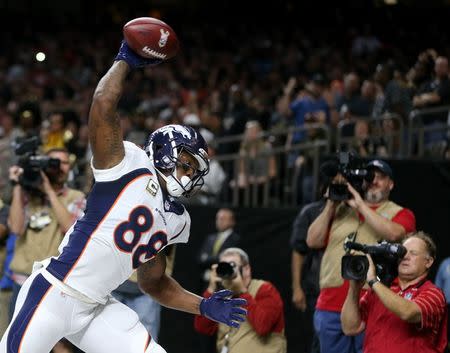 Nov 13, 2016; New Orleans, LA, USA; Denver Broncos wide receiver Demaryius Thomas (88) celebrates a fourth quarter touchdown catch against the New Orleans Saints at the Mercedes-Benz Superdome. Mandatory Credit: Chuck Cook-USA TODAY Sports