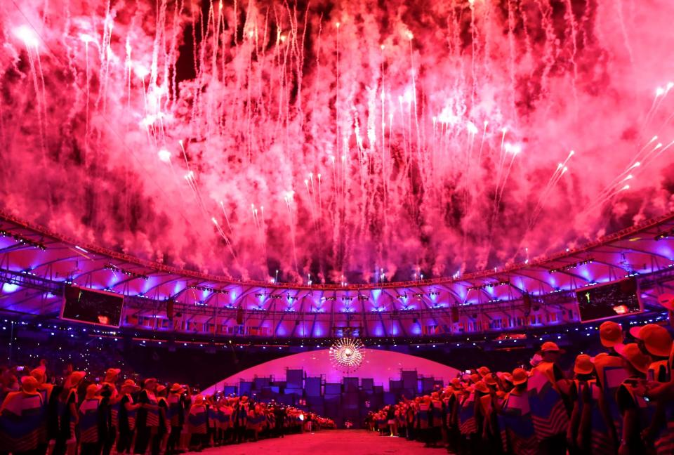 <p>Fireworks explode during the Opening Ceremony of the Rio 2016 Olympic Games at Maracana Stadium on August 5, 2016 in Rio de Janeiro, Brazil. (Photo by Cameron Spencer/Getty Images) </p>