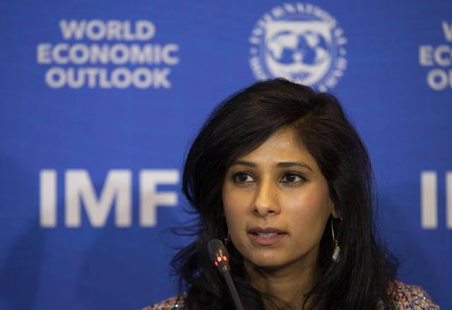 International Monetary Fund Chief Economist and Director of the Research Department Gita Gopinath leads a presentation of the IMF World Economic Outlook Update, in Santiago, Chile, Tuesday, July 23, 2019. (AP Photo/Esteban Felix)