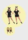 <p>Prepare for a night of dancing with this comfortable (but chic) look. Pair a black shirt and black shorts to make up the clothing portion of this dancing girl emoji pair, while black card stock attached to headbands serves as bunny ears. </p>