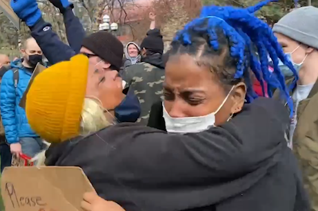 Brianna Raine (left) and her mother, Marvalyn Raine, both of Chicago, embrace outside the Hennepin County Government Center in Minneapolis immediately after the verdict was announced on April 20, 2021.