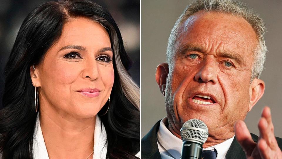 PHOTO: Tulsi Gabbard attends a live taping of Hannity at Fox News Channel Studios, Sept. 13, 2023, in New York. Independent presidential candidate Robert F. Kennedy Jr. speaks at a Cesar Chavez Day, March 30, 2024, in Los Angeles. (Getty Images)