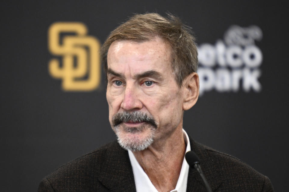 FILE - San Diego Padres Chairman Peter Seidler speaks at a news conference to announce finalizing a contract with Xander Bogaerts, Friday, Dec. 9, 2022, in San Diego. Seidler, who spent hundreds of millions of dollars trying to bring a long-elusive World Series championship to San Diego, died on Tuesday, Nov. 14, 2023, the team announced. He was 63.(AP Photo/Denis Poroy, File)