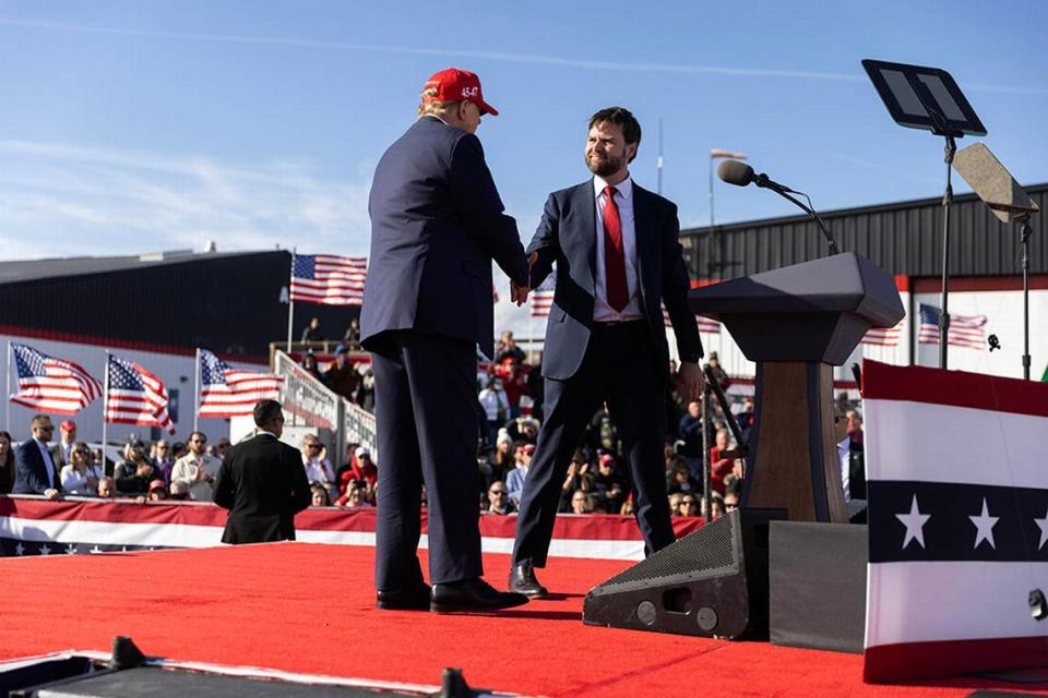 Sen. JD Vance (R-Ohio) with former President Donald Trump, the presumed Republican presidential candidate, at a rally in Dayton, Ohio, on March 16.