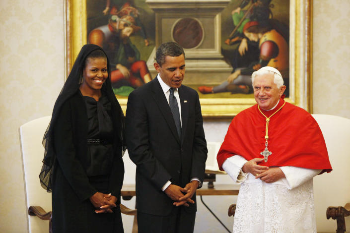 FILE - President Barack Obama and first lady Michelle Obama meet with Pope Benedict XVI at the Vatican on July 10, 2009. Pope Emeritus Benedict XVI, the German theologian who will be remembered as the first pope in 600 years to resign, has died, the Vatican announced Saturday. He was 95. (AP Photo/Haraz N. Ghanbari, File)