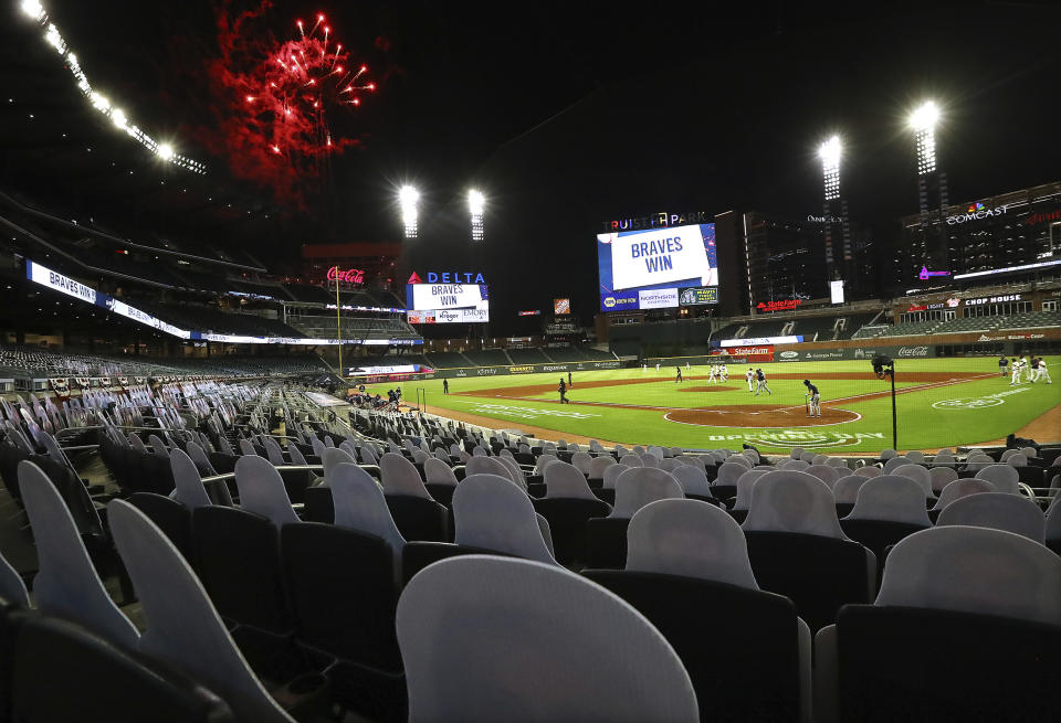 About 1,500 cardboard cutouts of fans are in seats as the Atlanta Braves defeat the Tampa Bay Rays 7-4 in a baseball game, the Braves' home-opener, Wednesday, July 29, 2020, in Atlanta. (Curtis Compton/Atlanta Journal-Constitution via AP)