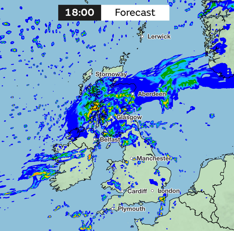 Predicted rainfall across the UK at 6pm on Thursday. (Met Office)