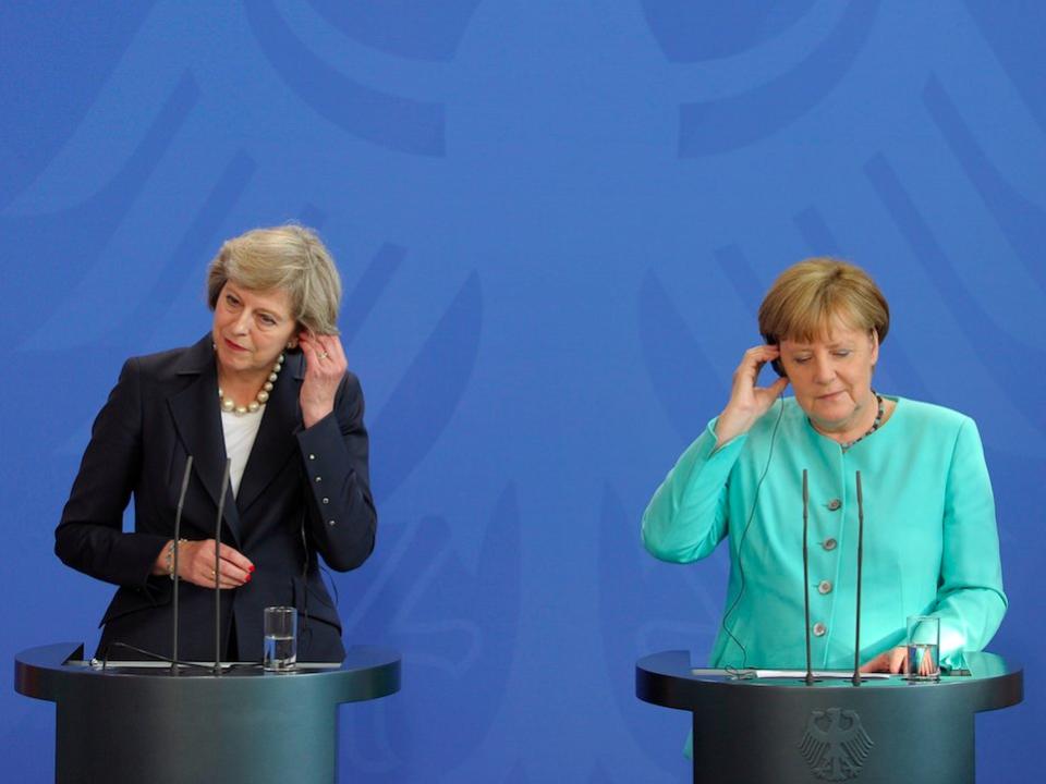 German Chancellor Angela Merkel and British Prime Minister Theresa May address a news conference following talks at the Chancellery in Berlin, Germany July 20, 2016.