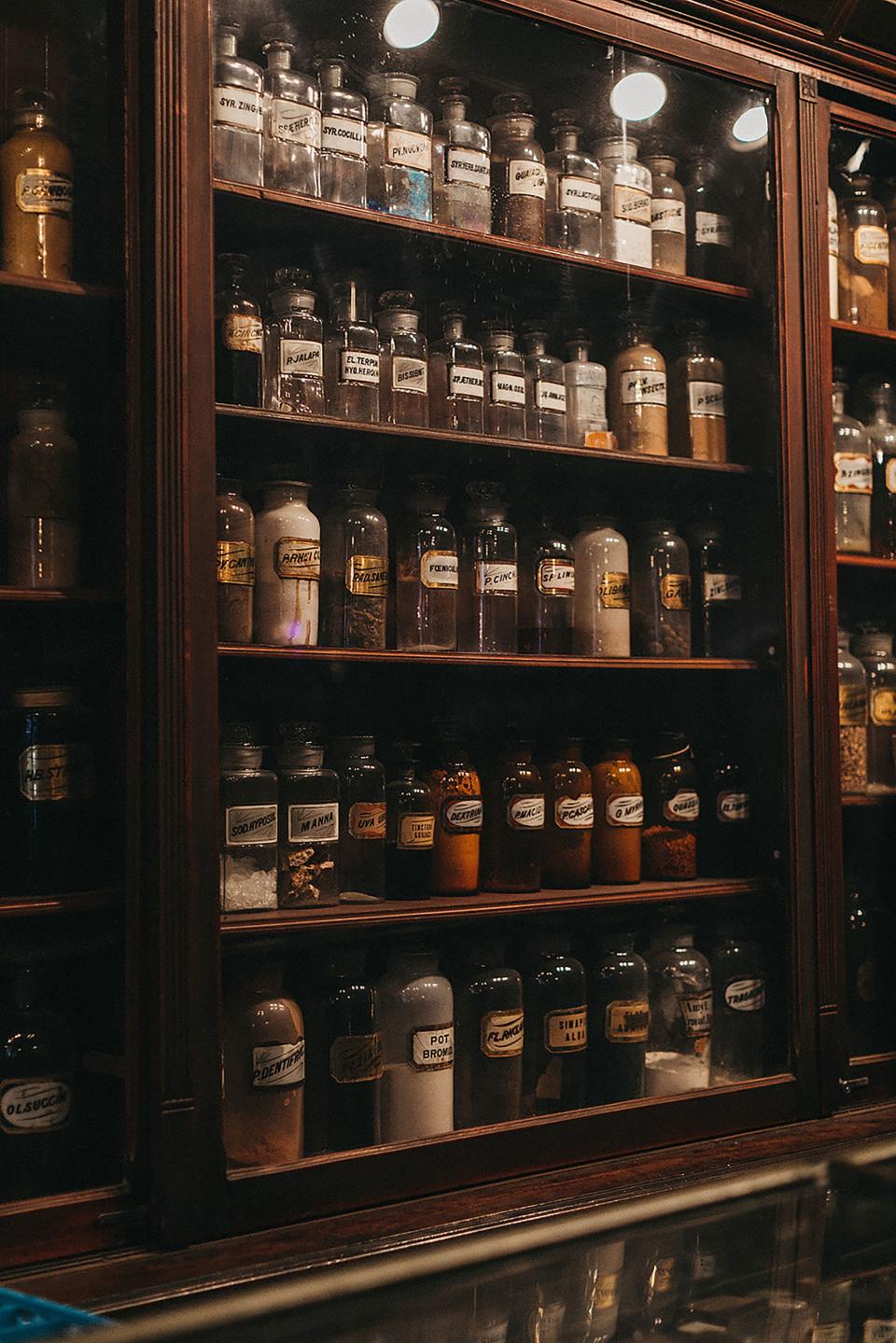 Inside the Pharmacy Museum. Our guests were able to walk around and look at all of the incredible medicine jars. It also provided some much-needed shelter from the rain during the speeches.