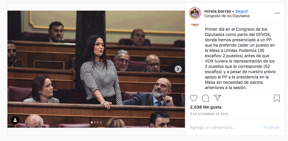 La diputada de Vox Mireia Borrás ha visto como los focos se giraban hacia ella tras el debate de investidura de Pedro Sánchez. (Foto: Perfil de Instagram de @mireia.borras)