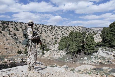 A Lebanon Hezbollah fighter carries his weapon as he stands in Khashaat, in the Qalamoun region after they advanced in the area May 15, 2015. REUTERS/Mohamed Azakir