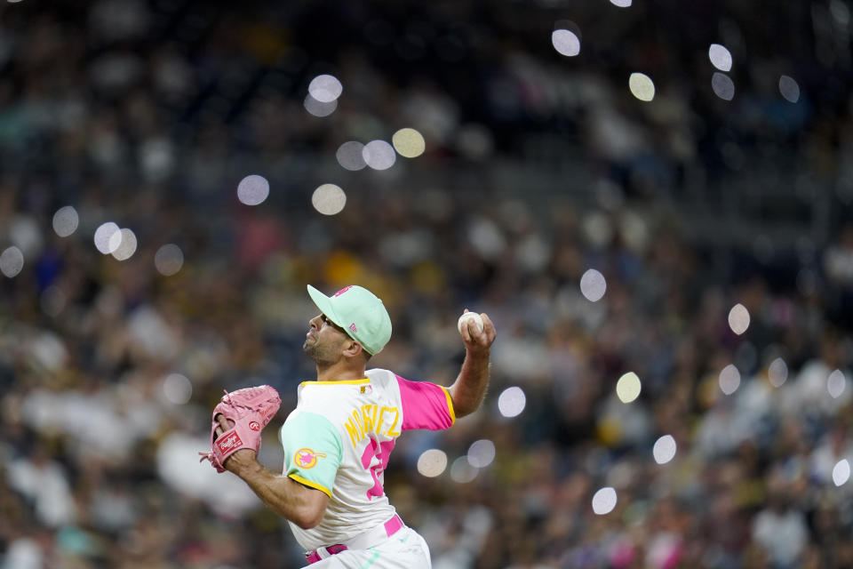 San Diego Padres relief pitcher Nick Martinez works against a Chicago White Sox batter during the eighth inning of a baseball game Saturday, Oct. 1, 2022, in San Diego. (AP Photo/Gregory Bull)