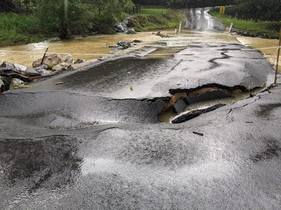 Dungay Creek Road, in Dungay, NSW has been damaged due to flooding in the area. Source: Facebook/NSW SES Murwillumbah Unit