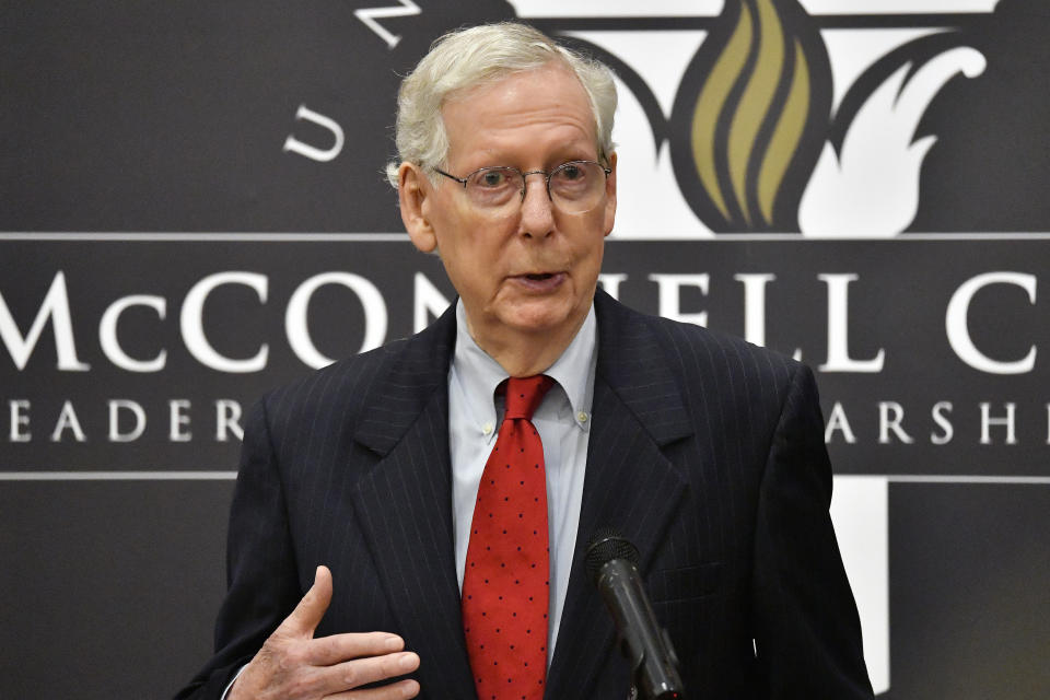 FILE - Senate Minority Leader Mitch McConnell, R-Ky., gives remarks during a presentation at the University of Louisville in Louisville, Ky., Tuesday, April 2, 2024. With his days as Republican leader now numbered, the Kentuckian is talking more freely about his priorities once he's no longer calling the shots for his party. (AP Photo/Timothy D. Easley, File)