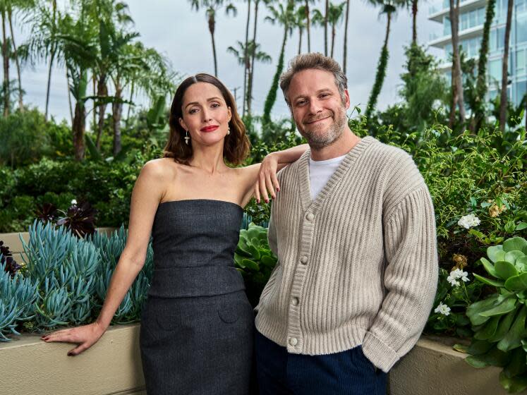 Actors Rose Byrne and Seth Rogen pose for a portrait at the Four Seasons Hotel Los Angeles At Beverly Hills.