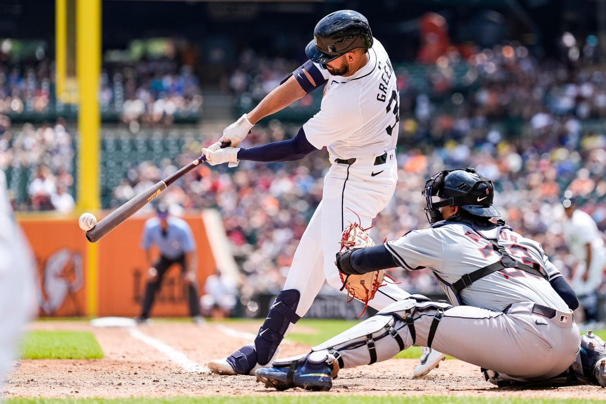 Detroit Tigers left fielder Riley Greene (31) bats against Cleveland Guardians during the sixth inning at Comerica Park in Detroit on Thursday, July 11, 2024.