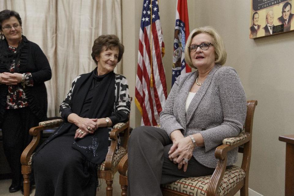 Philomena Lee, center, an Irish woman whose search for the son that she gave up for adoption in the 1950’s, and is now a Hollywood film, meets with Sen. Claire McCaskill, D-Mo., right, on Capitol Hill in Washington, Thursday, Jan. 30, 2014. With her life story now the subject of an Oscar-nominated film, Philomena Lee is calling for government reforms in Ireland that would grant adopted people access to their adoption files. At far left is Mari Steed, with the Adoption Rights Alliance. (AP Photo)