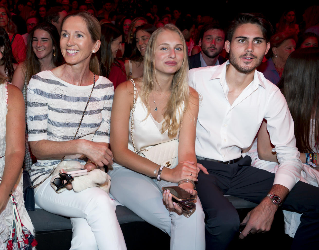 MADRID, SPAIN - JULY 08: Miranda Rijnsburger (L) and Rodrigo Iglesias, Julio Iglesias son (R) attend Agatha Ruiz de la Prada fashion show during the Mercedes Benz Fashion Week Spring/Summer 2020 on July 08, 2019 in Madrid, Spain. (Photo by Giovanni Sanvido/Getty Images)