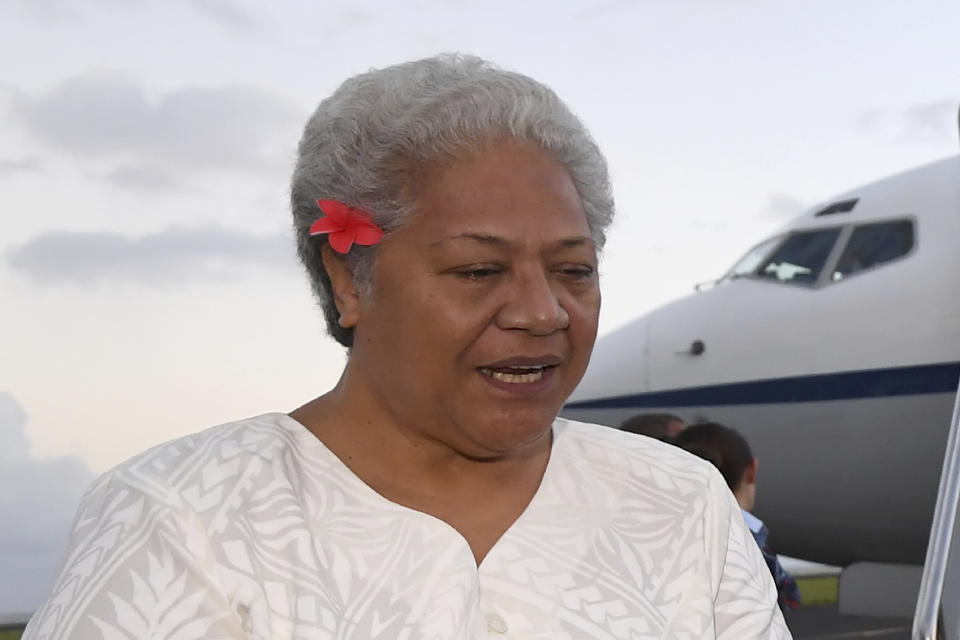 Samoa's Deputy Prime Minister Fiame Naomi Mata'afa arrives at Faleolo Airport in Apia, Samoa, on Sept. 8, 2017. Samoa was plunged into a constitutional crisis Monday, May 24, 2021 when the woman who won an election last month was locked out of Parliament and the previous leader claimed he remained in charge. Prime Minister-elect Fiame Naomi Mata’afa and her supporters showed up at parliament to form a new government, but were not allowed inside. (Lukas Coch/AAP Image)